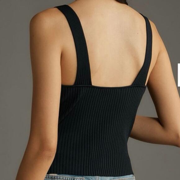 NWT Good American Shine Ribbed Tank Top Size Medium Black Blouse Stretch $129 - Picture 2 of 7